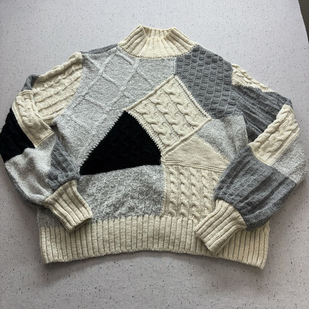 Topshop Colorblock Cable Knit Patchwork Sweater Gray Cream Size US 8 Mock Neck